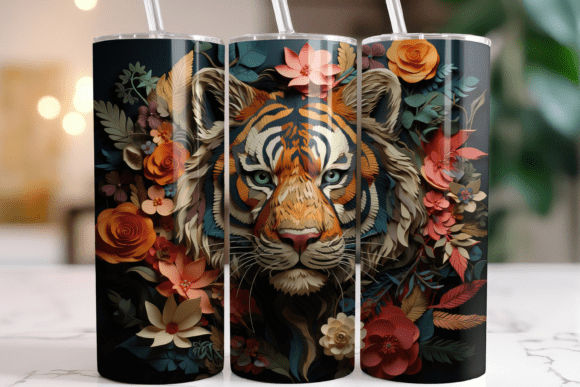 3D Papercraft Tiger Tumbler Design Wrap: Elevating Sublimation with Dimensional Art