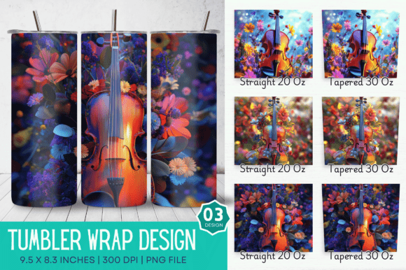 3D Violin Flowers Tumbler Design: Elevating Sublimation Projects with Artistic Precision