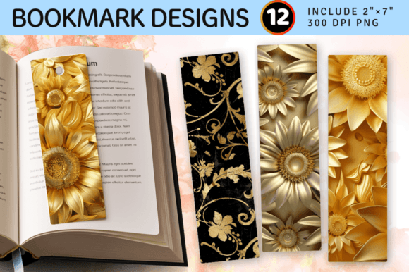 Gold 3D Sunflowers PNG Bookmark Design: A Digital Asset for Creators